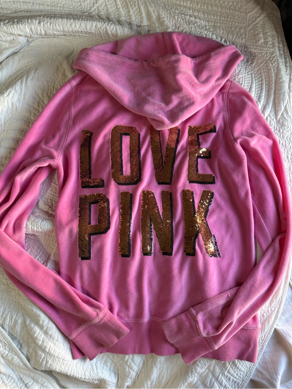 PINK Victoria's Secret Pink Hoodie with Rose Gold Sequin 'LOVE PINK' Logo